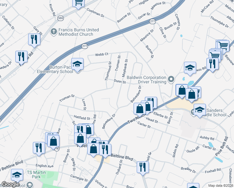 map of restaurants, bars, coffee shops, grocery stores, and more near 3415 Maybank Street in Columbia