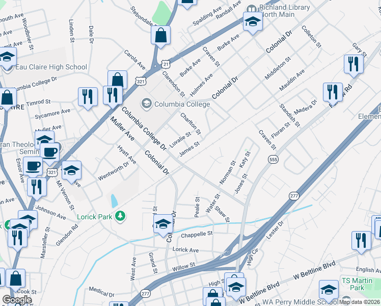map of restaurants, bars, coffee shops, grocery stores, and more near 4800 James Street in Columbia