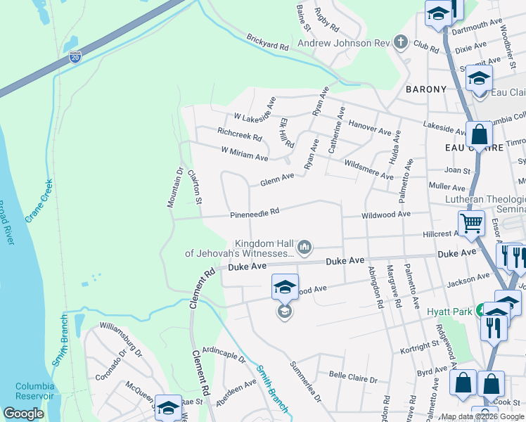 map of restaurants, bars, coffee shops, grocery stores, and more near 323 Pineneedle Road in Columbia