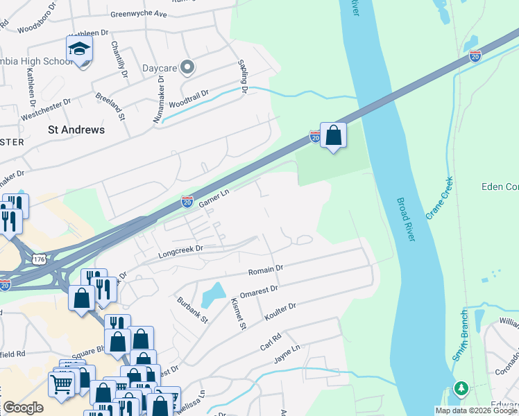map of restaurants, bars, coffee shops, grocery stores, and more near 1701 Ashford Lane in Columbia
