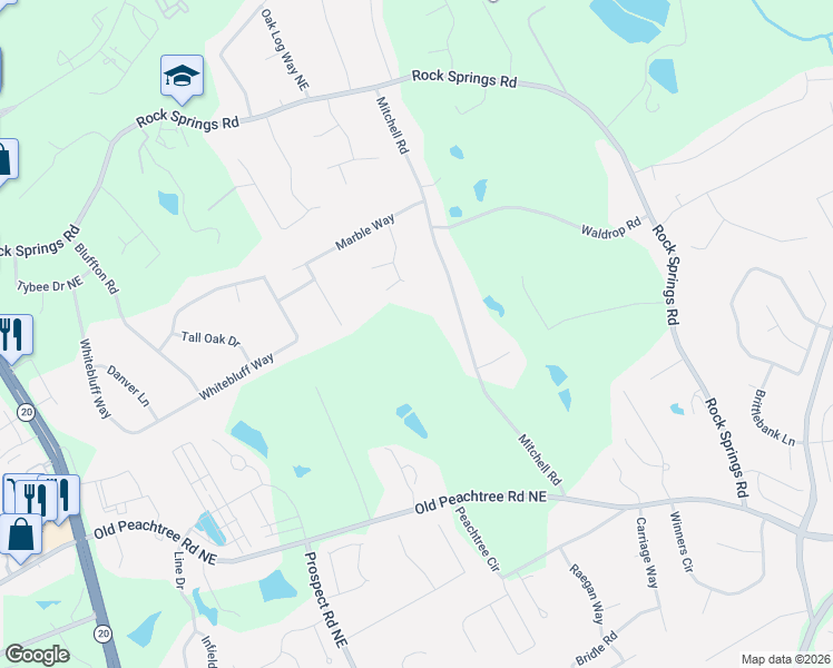 map of restaurants, bars, coffee shops, grocery stores, and more near 2368 Mitchell Road in Lawrenceville