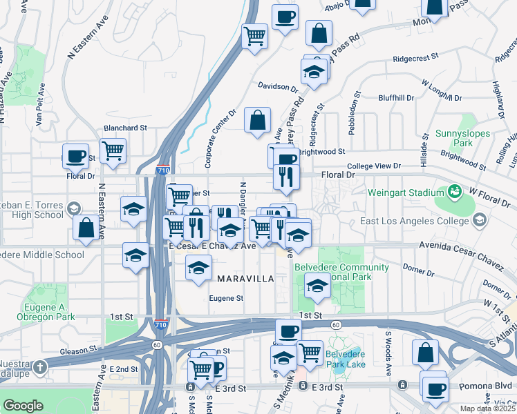 map of restaurants, bars, coffee shops, grocery stores, and more near 4729 East Hammel Street in East Los Angeles