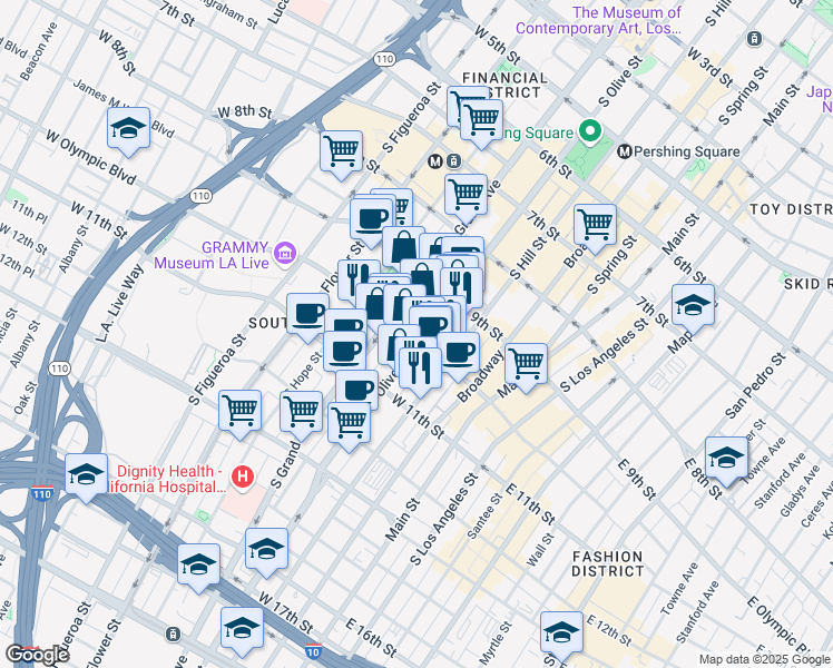 map of restaurants, bars, coffee shops, grocery stores, and more near 408 West Olympic Boulevard in Los Angeles