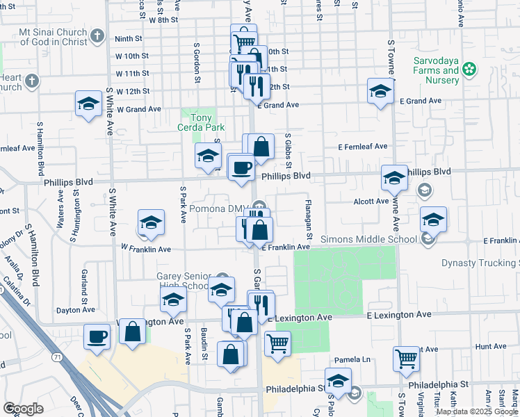map of restaurants, bars, coffee shops, grocery stores, and more near 1590 South Garey Avenue in Pomona