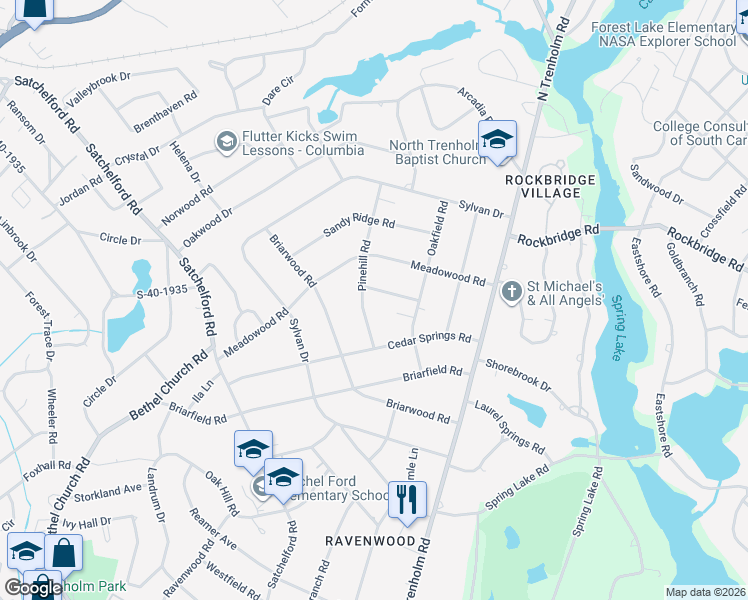 map of restaurants, bars, coffee shops, grocery stores, and more near 4524 Mosshill Road in Columbia