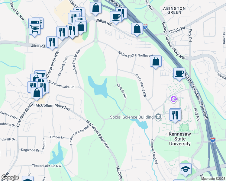map of restaurants, bars, coffee shops, grocery stores, and more near 3695 Club Drive Northwest in Kennesaw