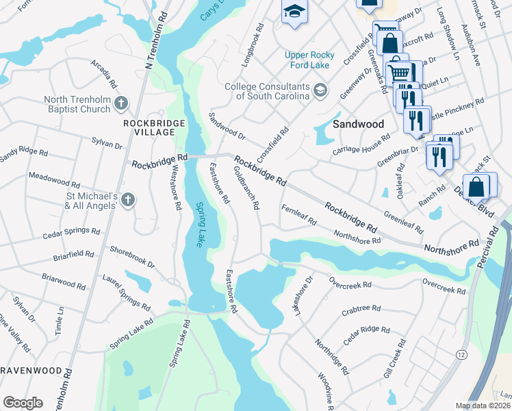 map of restaurants, bars, coffee shops, grocery stores, and more near 6354 Goldbranch Road in Columbia