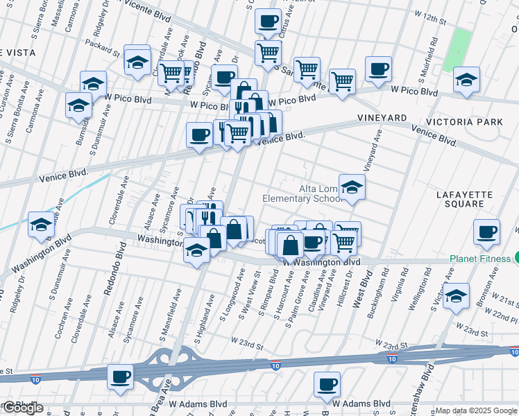 map of restaurants, bars, coffee shops, grocery stores, and more near 1805 South Longwood Avenue in Los Angeles