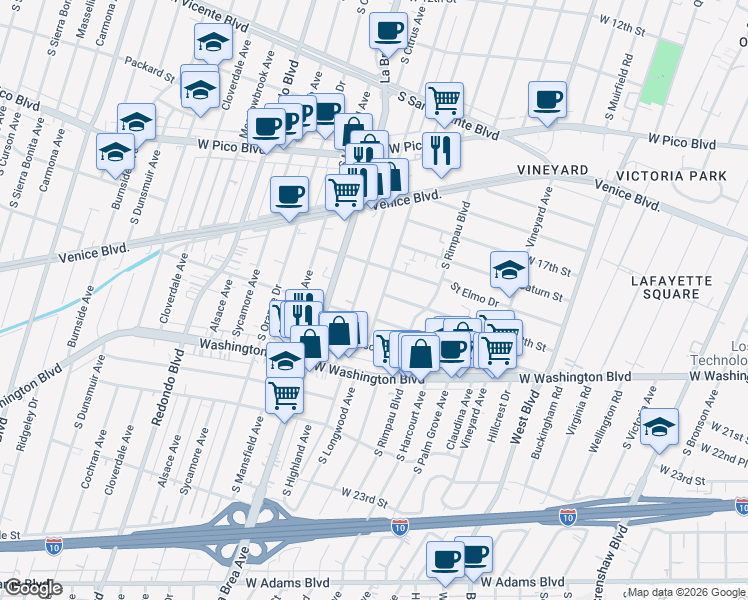 map of restaurants, bars, coffee shops, grocery stores, and more near 1809 South Longwood Avenue in Los Angeles
