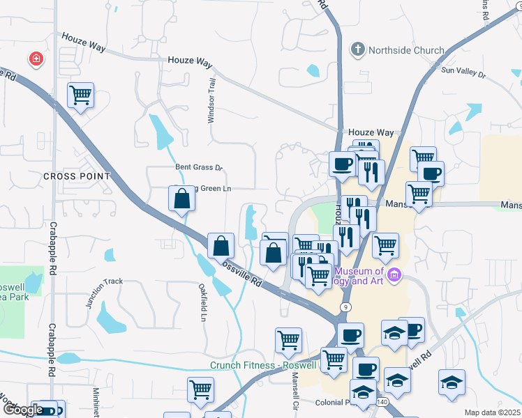 map of restaurants, bars, coffee shops, grocery stores, and more near 2000 Applewood Drive in Roswell