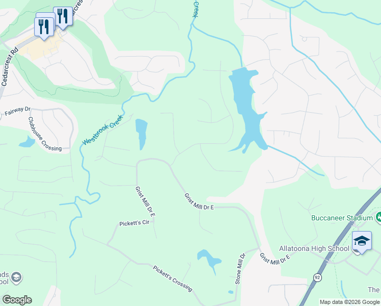 map of restaurants, bars, coffee shops, grocery stores, and more near 120 Picketts Lake Drive in Acworth