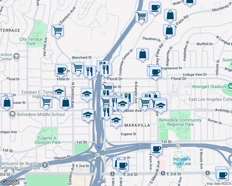 map of restaurants, bars, coffee shops, grocery stores, and more near 4549 East Hammel Street in East Los Angeles