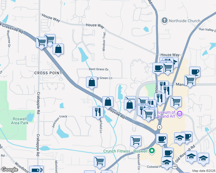 map of restaurants, bars, coffee shops, grocery stores, and more near 375 Crossville Court in Roswell