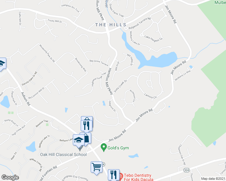 map of restaurants, bars, coffee shops, grocery stores, and more near 3435 Vista Creek Drive in Dacula