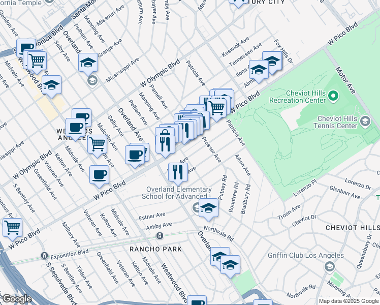 map of restaurants, bars, coffee shops, grocery stores, and more near 10587 Ayres Avenue in Los Angeles