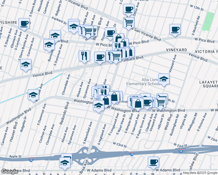 map of restaurants, bars, coffee shops, grocery stores, and more near 4953 Pickford Street in Los Angeles