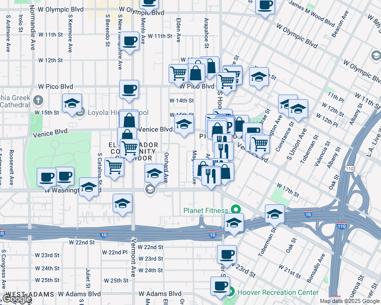 map of restaurants, bars, coffee shops, grocery stores, and more near 1719 Magnolia Avenue in Los Angeles