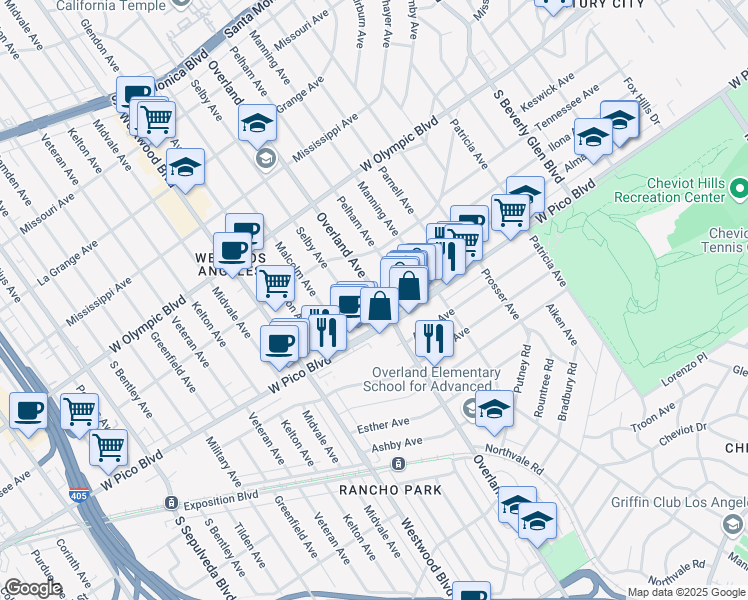 map of restaurants, bars, coffee shops, grocery stores, and more near 2361 Overland Avenue in Los Angeles