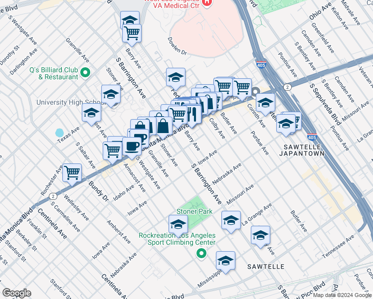 map of restaurants, bars, coffee shops, grocery stores, and more near 11668 Idaho Avenue in Los Angeles