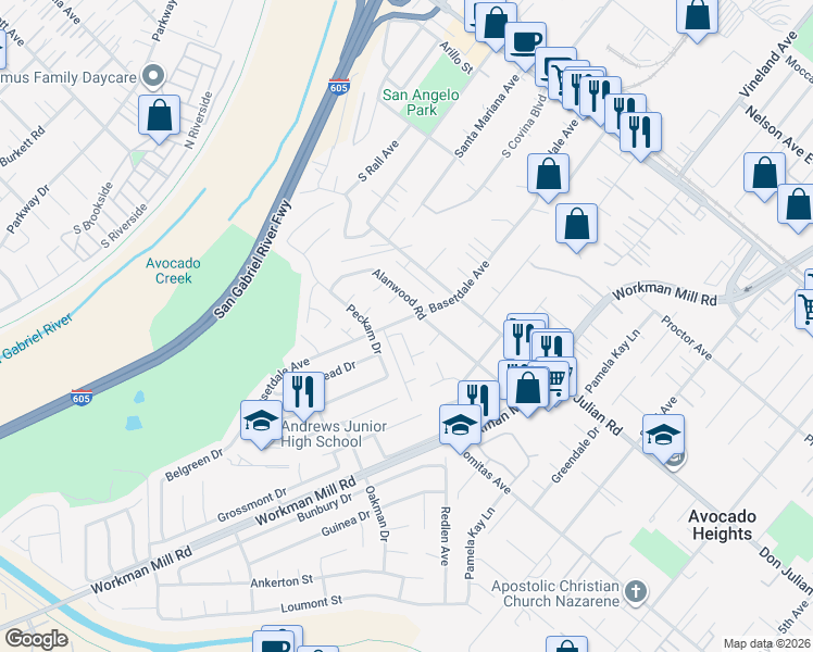 map of restaurants, bars, coffee shops, grocery stores, and more near 568 Basetdale Avenue in La Puente