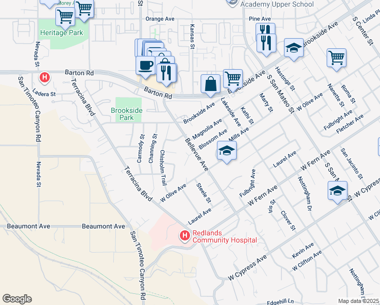 map of restaurants, bars, coffee shops, grocery stores, and more near 1522 Blossom Court in Redlands