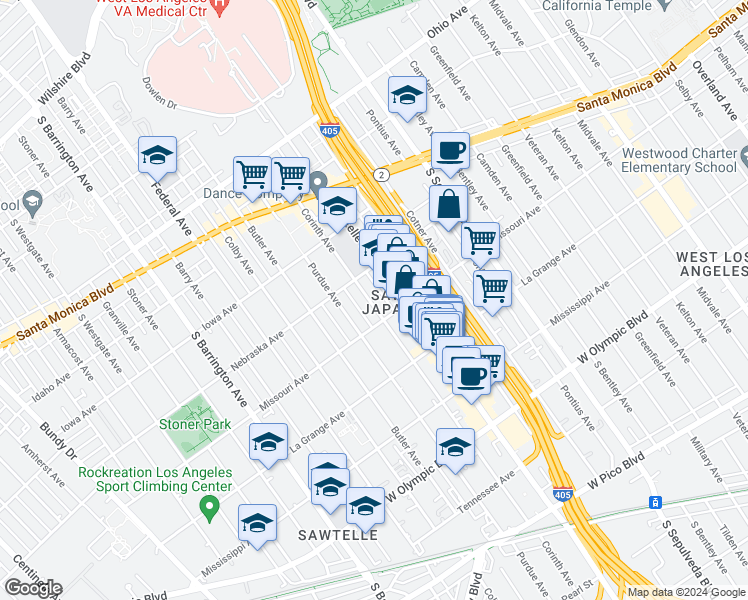 map of restaurants, bars, coffee shops, grocery stores, and more near 1854 Corinth Avenue in Los Angeles