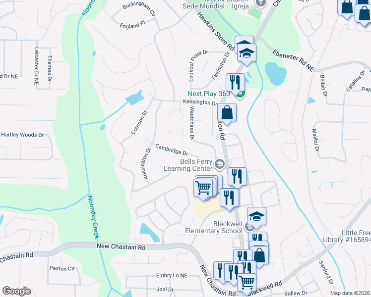 map of restaurants, bars, coffee shops, grocery stores, and more near 611 Cambridge Dr in Marietta