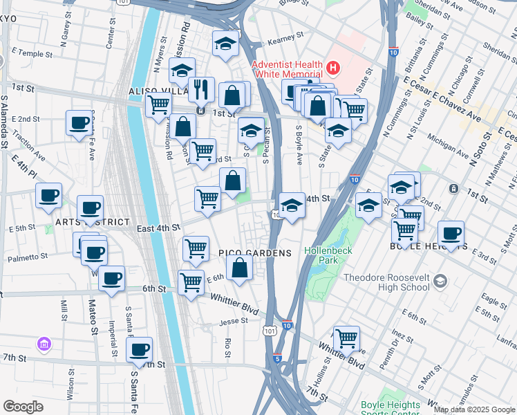 map of restaurants, bars, coffee shops, grocery stores, and more near 1598 East 4th Street in Los Angeles