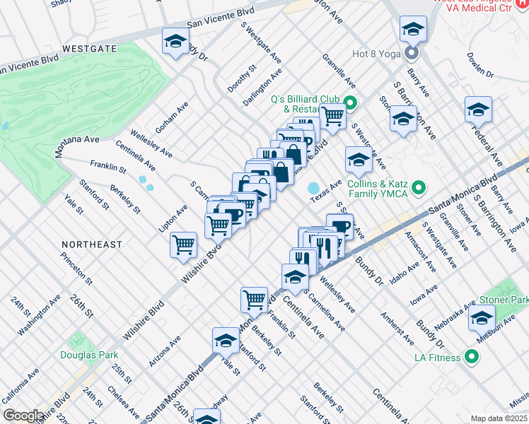 map of restaurants, bars, coffee shops, grocery stores, and more near 12222 Wilshire Boulevard in Los Angeles