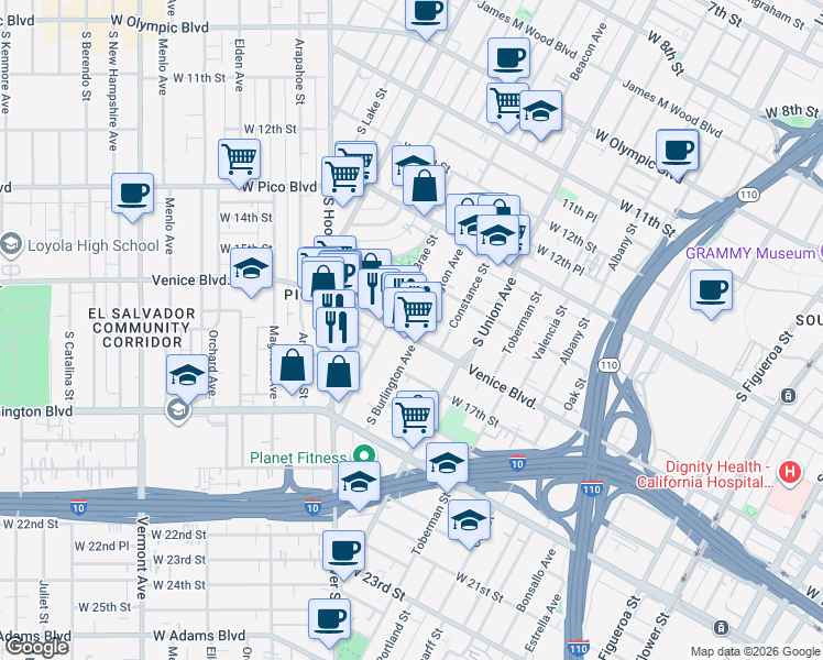 map of restaurants, bars, coffee shops, grocery stores, and more near 1201 Venice Boulevard in Los Angeles