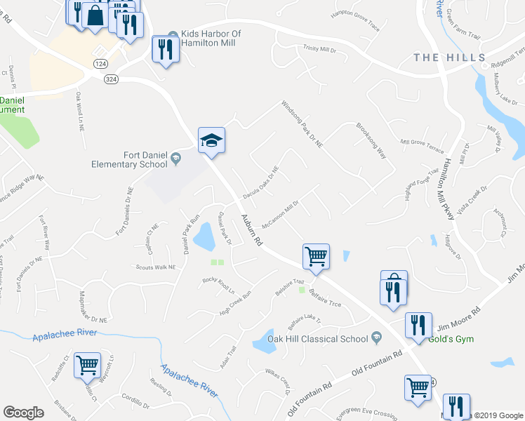 map of restaurants, bars, coffee shops, grocery stores, and more near 1605 Burnt Oak Way Northeast in Dacula