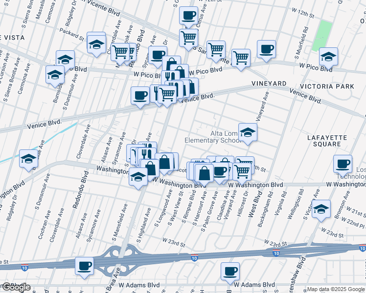 map of restaurants, bars, coffee shops, grocery stores, and more near 1809 South Longwood Avenue in Los Angeles