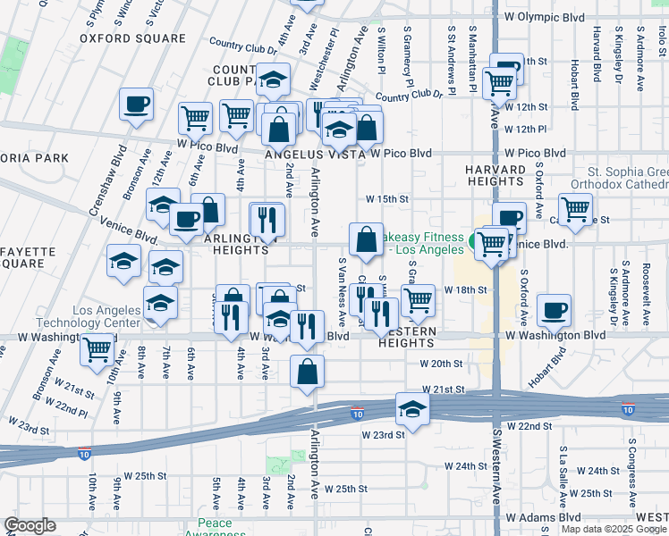 map of restaurants, bars, coffee shops, grocery stores, and more near 1629 South Van Ness Avenue in Los Angeles