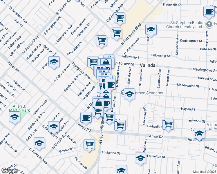 map of restaurants, bars, coffee shops, grocery stores, and more near 1215 North Hacienda Boulevard in La Puente