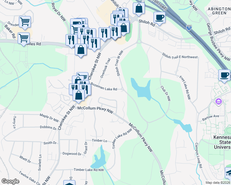 map of restaurants, bars, coffee shops, grocery stores, and more near 3685 Bozeman Lake Road in Kennesaw