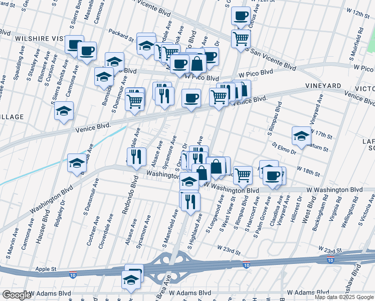 map of restaurants, bars, coffee shops, grocery stores, and more near 1806 South Orange Drive in Los Angeles