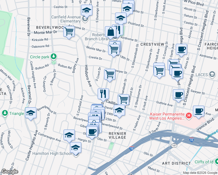 map of restaurants, bars, coffee shops, grocery stores, and more near 1960 South Robertson Boulevard in Los Angeles