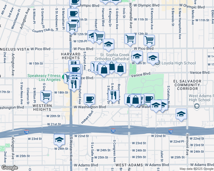 map of restaurants, bars, coffee shops, grocery stores, and more near 1701 South Kingsley Drive in Los Angeles
