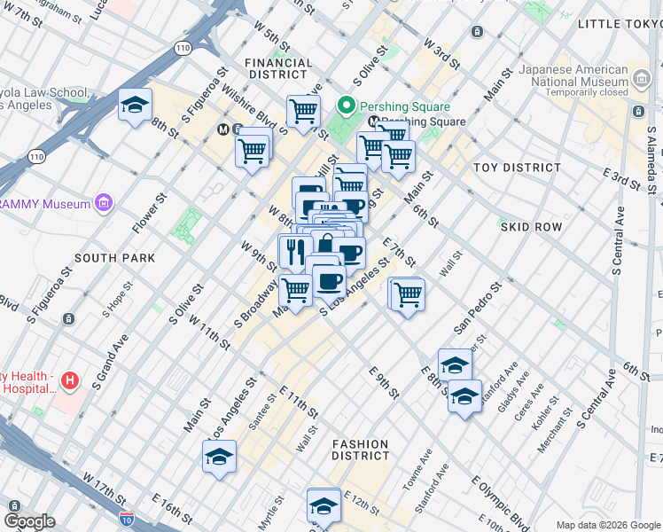 map of restaurants, bars, coffee shops, grocery stores, and more near 810 South Spring Street in Los Angeles