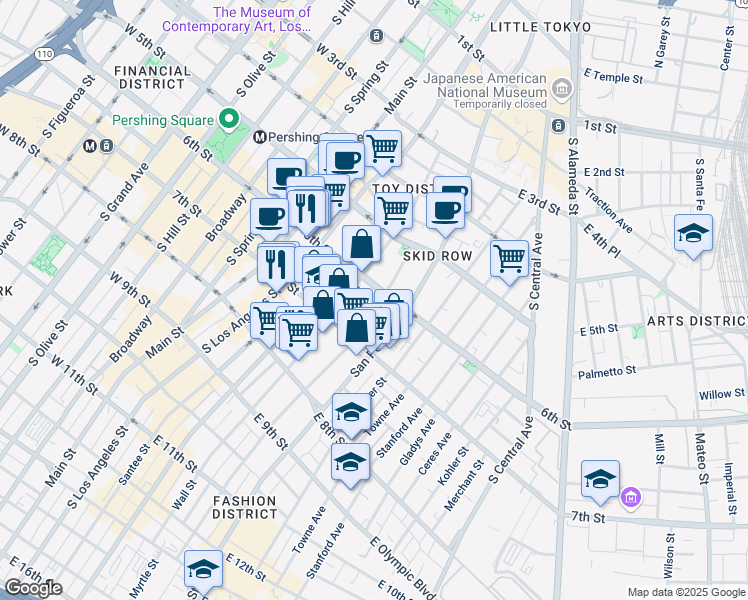 map of restaurants, bars, coffee shops, grocery stores, and more near 611 San Julian St in Los Angeles