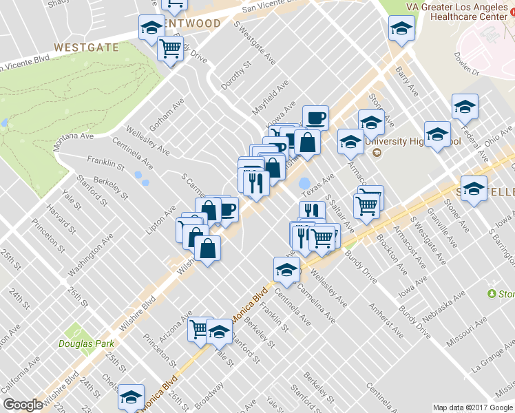 map of restaurants, bars, coffee shops, grocery stores, and more near 12222 Wilshire Boulevard in Los Angeles