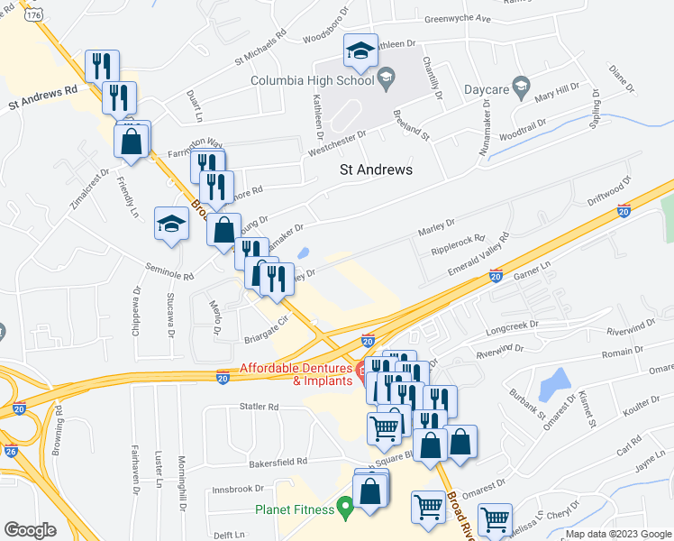 map of restaurants, bars, coffee shops, grocery stores, and more near 1390-1518 Marley Drive in Columbia