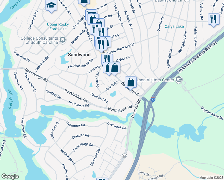 map of restaurants, bars, coffee shops, grocery stores, and more near 3630 Ranch Road in Columbia