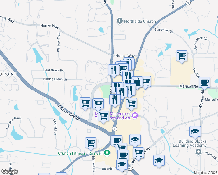 map of restaurants, bars, coffee shops, grocery stores, and more near 10775 Houze Road in Roswell
