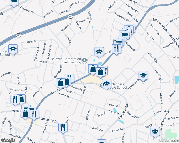 map of restaurants, bars, coffee shops, grocery stores, and more near 3801 Baldwin Road in Columbia