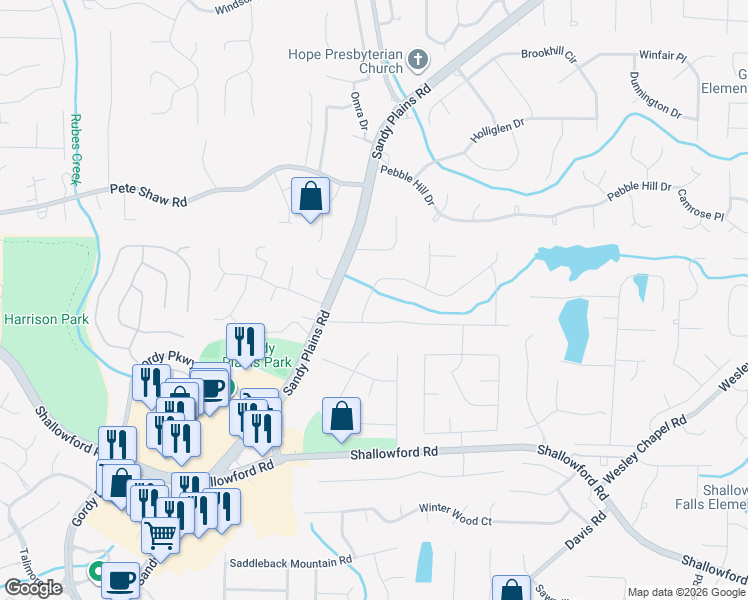 map of restaurants, bars, coffee shops, grocery stores, and more near 3238 Mountain Hollow Drive in Marietta