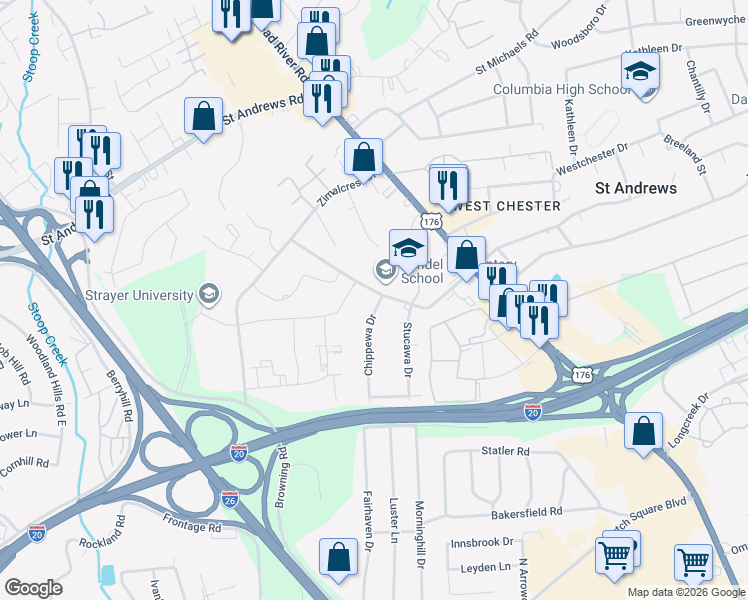 map of restaurants, bars, coffee shops, grocery stores, and more near 203 Chippewa Drive in Columbia