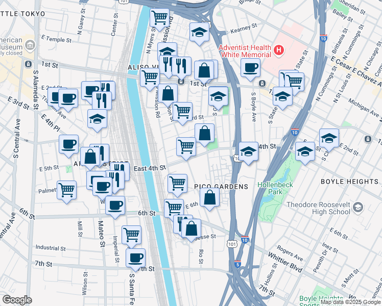 map of restaurants, bars, coffee shops, grocery stores, and more near 1451b East 4th Street in Los Angeles