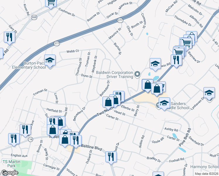 map of restaurants, bars, coffee shops, grocery stores, and more near 3429 Belvedere Drive in Columbia