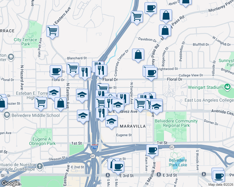 map of restaurants, bars, coffee shops, grocery stores, and more near 510 North McDonnell Avenue in East Los Angeles